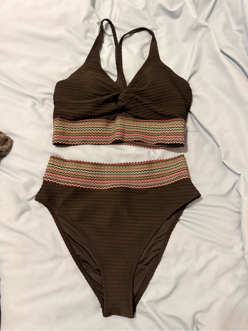 Amazon Womens Brown High-Waist Bikini Set with Multicolor Zigzag Trim